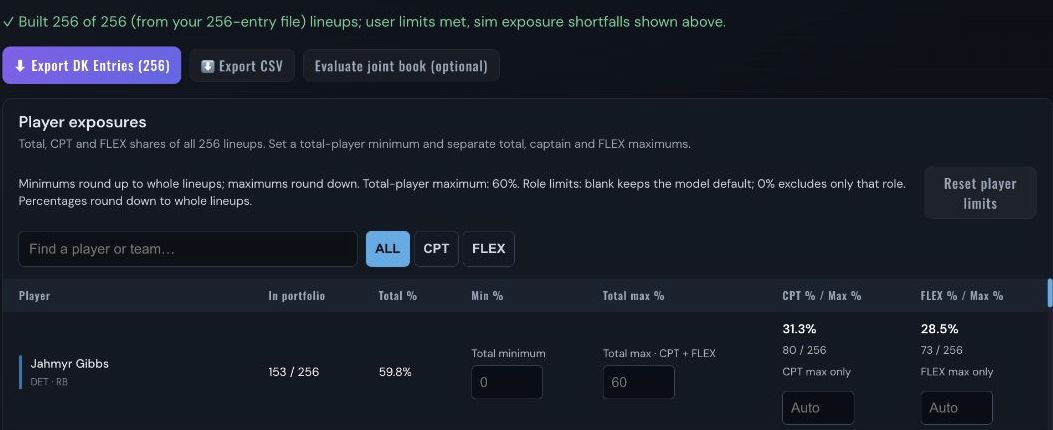 Actual completed NFL portfolio showing 256 built lineups, export controls and player exposure review