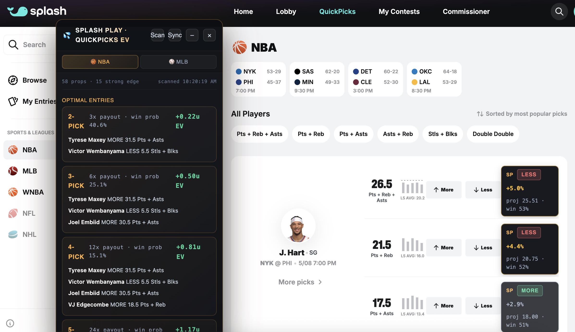 Splash Play QuickPicks EV bookmarklet overlay showing optimal 2-pick, 3-pick, 4-pick, and 5-pick entries with EV values inside the Splash Sports QuickPicks board